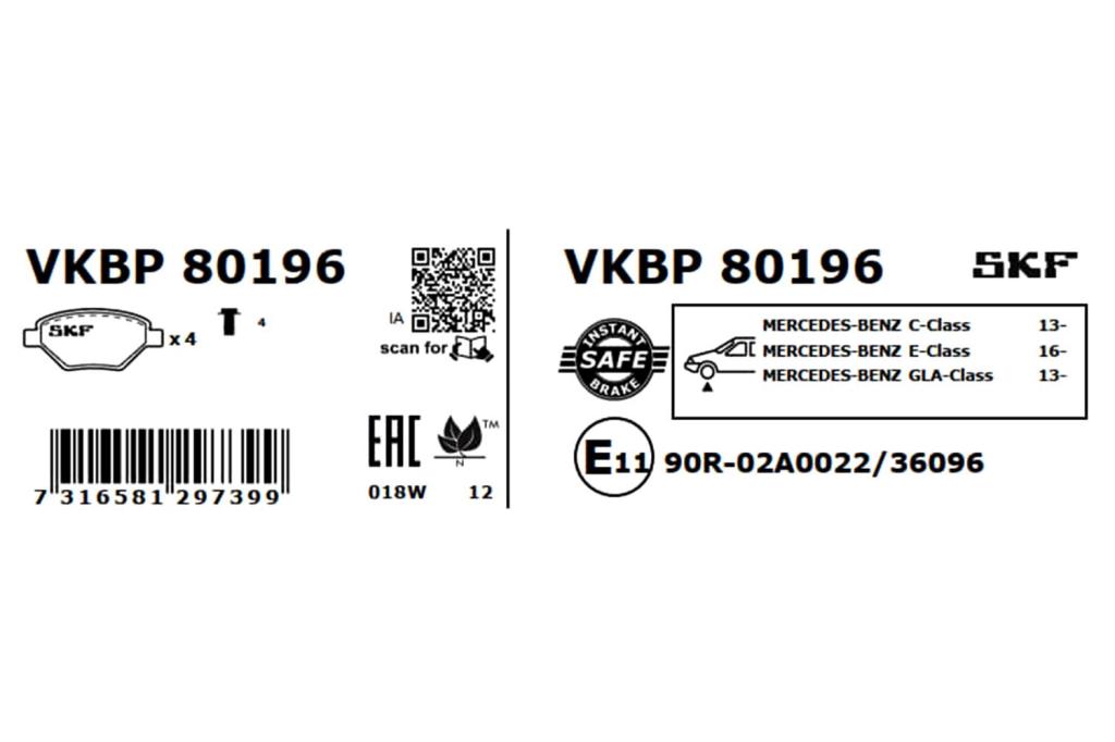 Jogo de 4 pastilhas de travão SKF ref. VKBP 80196